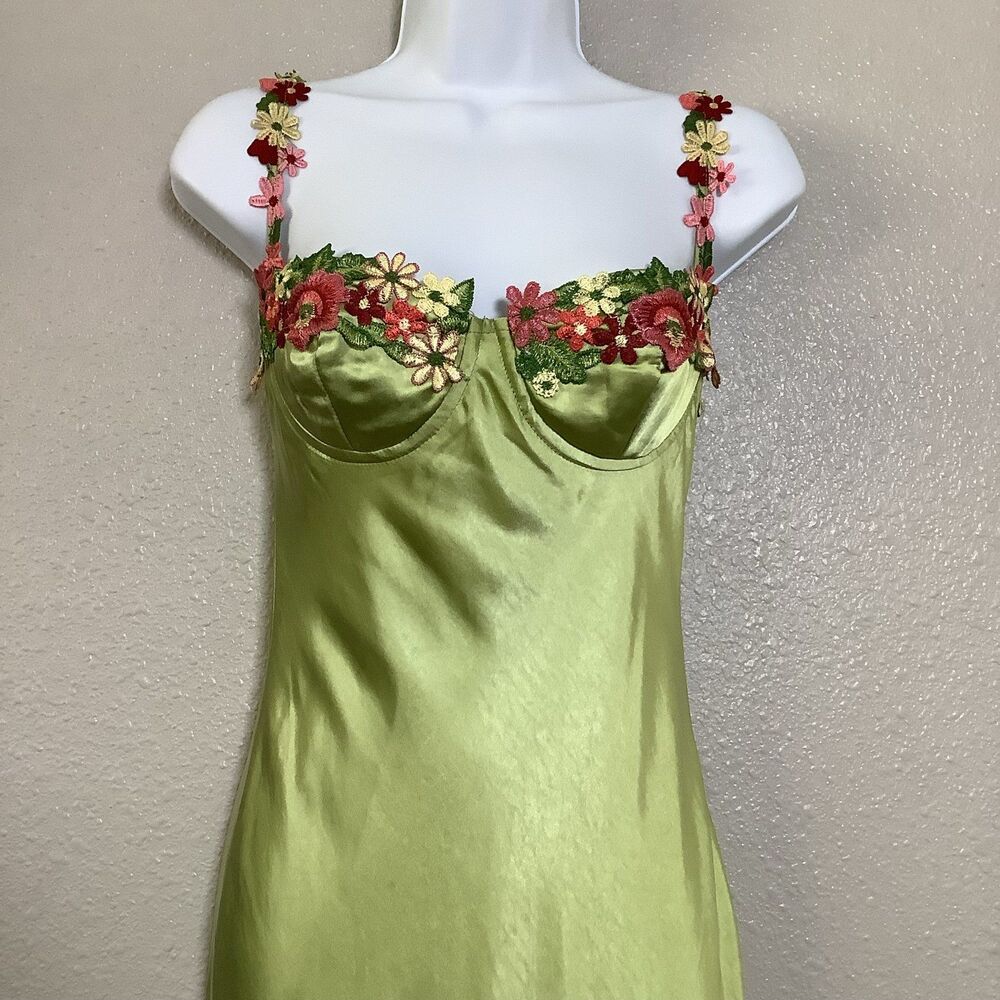 Y2K Green Satin Floral Embroidery Fairycore Romantic Maxi Evening Dress S 2000s - Picture 2 of 7